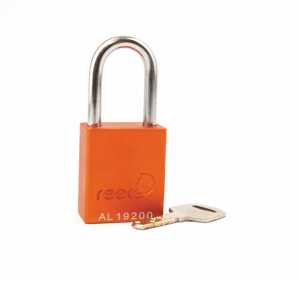 Aluminium bodied safety padlock with steel shackle-orange-Keyed to Differ