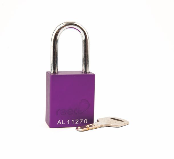 Aluminium bodied safety padlock with steel shackle-purple-Keyed to Differ