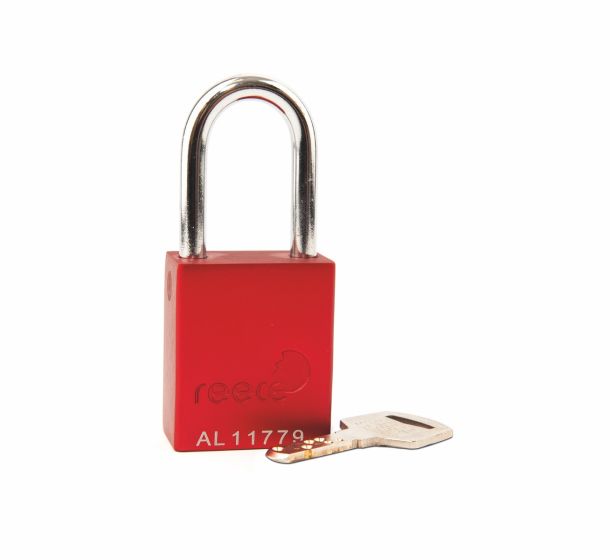 Aluminium bodied safety padlock with steel shackle-red-Keyed to Differ