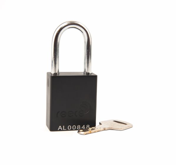 Aluminium bodied safety padlock with steel shackle-black-Keyed to Differ