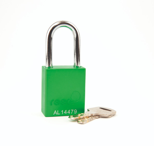 Aluminium bodied safety padlock with steel shackle-green-Keyed Alike