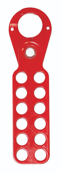 Lockout Hasp steel, red plastic coated, scissor action 1" dia jaws