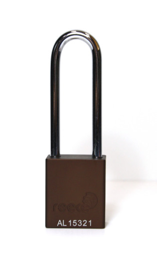 Aluminium bodied safety padlock with steel shackle-brown-Keyed to Differ-long
