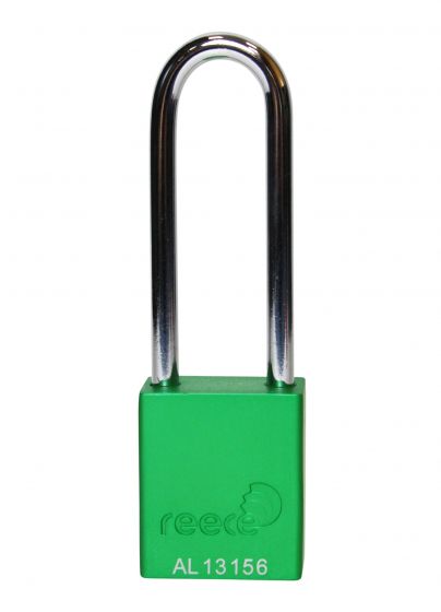 Aluminium bodied safety padlock with steel shackle-green-Keyed to Differ-long